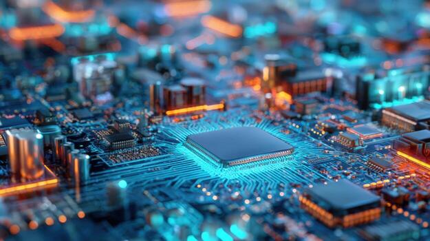 Close-up of a Computer Motherboard Illustrating Technology, Data Processing, and Futuristic Computing with Glowing Elements photo