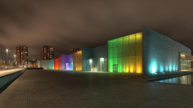 Modern Architecture Illuminated A Contemporary Building Facade with Vibrant Color Gradient at Night photo