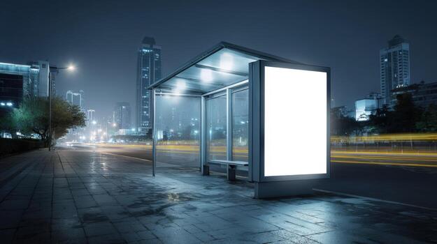 Illuminated Bus Stop Advertising Billboard Mockup at Night in an Urban Cityscape Setting photo