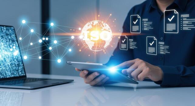 ISO Standards Compliance Concept Man Using Tablet with Global Network and Document Icons photo