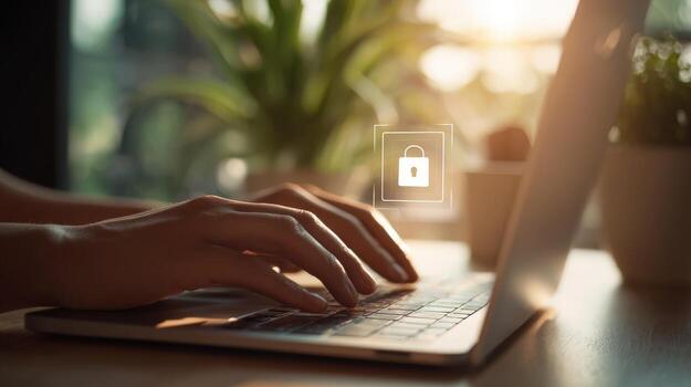 Secure Online Access Person Typing on Laptop with Digital Lock Overlay for Cyber Security photo