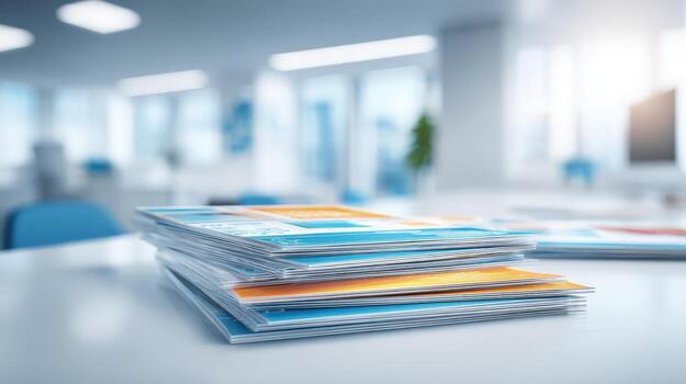 Stack of Informative Brochures on White Table in a Bright Office Setting, Ideal for Marketing Collateral photo