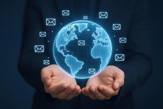 Global Communication Concept Man Holding Holographic Earth Surrounded by Email Icons, Representing Worldwide Connectivity and Digital Communication photo