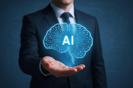 Artificial Intelligence Innovation Concept Businessman Presenting Digital Brain with AI Technology and Neural Network photo