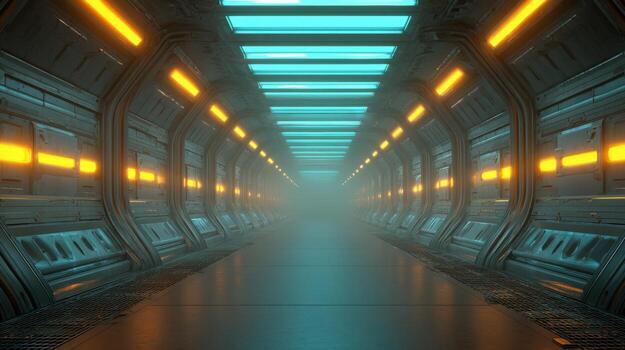 Futuristic Sci-Fi Corridor with Neon Lights Technological Advancement, Space Exploration, and Modern Architecture Design photo