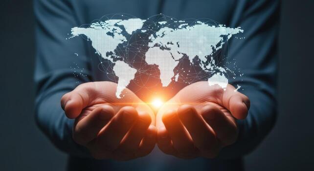 Global Network Connection Concept Man Holding Digital World Map with Light, Symbolizing Global Connection photo