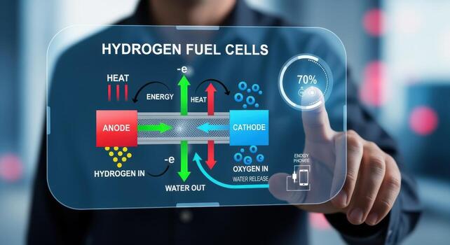Hydrogen Fuel Cell Technology Concept with Man Touching Digital Interface Displaying Energy Production Diagram photo