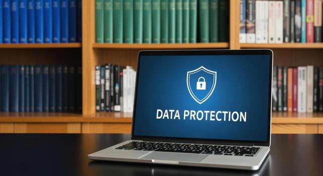 Data Protection Concept on Laptop Screen in Library Cybersecurity, Privacy, and Confidentiality photo