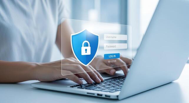 Cybersecurity Protection Woman Typing on Laptop with Digital Security Overlay for Data Privacy photo