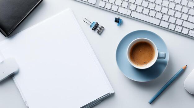 Workspace with Coffee, Keyboard, and Blank Paper for Mockup, Perfect for Office or Creative Content photo