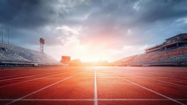 Empty Stadium with Running Track at Sunset A Symbol of Achievement and Competition photo
