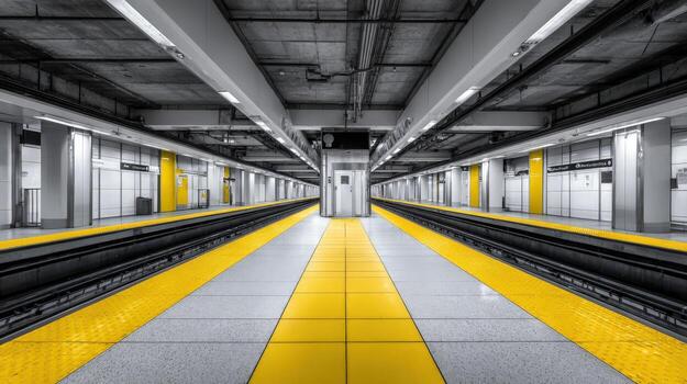 Modern Subway Station with Geometric Yellow Platform Markings and Concrete Architecture in Urban Setting photo
