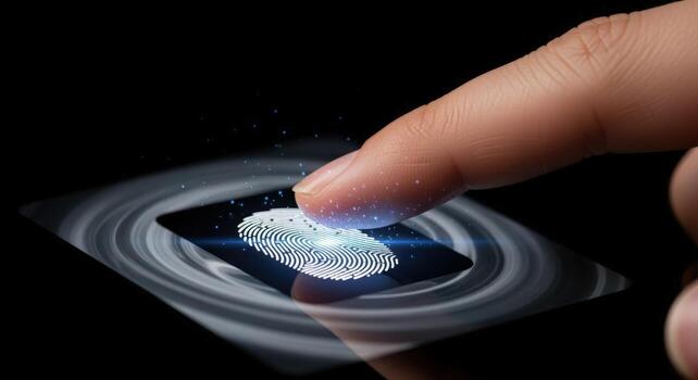 Fingerprint Scanning on Black Glass Biometric Security, Identification, and Access Control Technology Concept photo