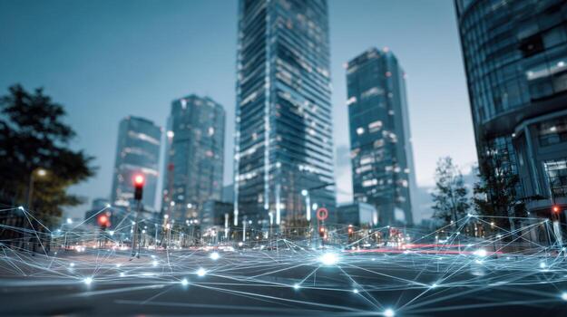 Modern Cityscape with Digital Network Overlay Connectivity, Technology, and Urban Innovation Visualized photo