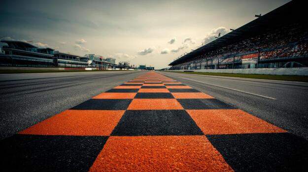 Empty Racing Circuit with Checkered Start Line, Grandstands, and Overcast Sky, Offering a Sense of Speed and Competition photo