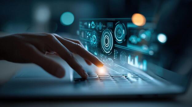 Modern Technology Interface A User Interacting with Advanced Digital Graphics on a Laptop Display photo