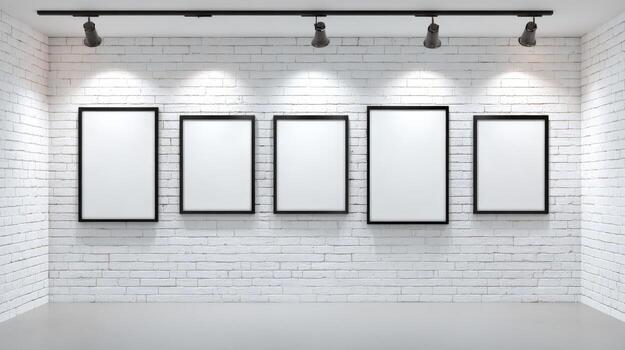 Gallery Wall with Five Blank Frames on White Brick Wall, Perfect for Art Mockups and Presentations photo