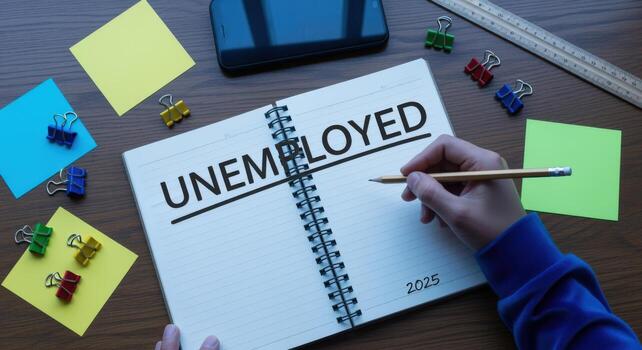 Concept of Job Loss Hand crossing out Unemployed in a notebook, symbolizing financial crisis photo