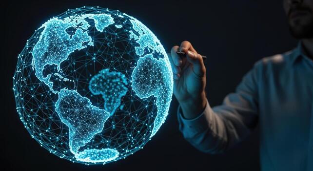 Global Digital Network Visualization Man Interacting with Futuristic Holographic Earth Interface in Dark Studio photo