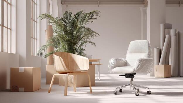 Bright Office Space Featuring Modern Furniture, Plants, and Packing Boxes, Emphasizing New Beginnings and Relocation photo