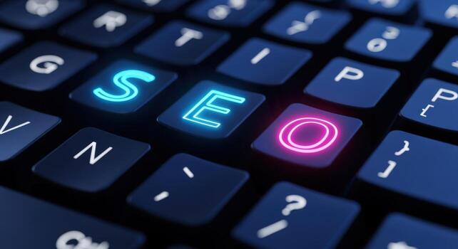 SEO Text on Keyboard Keys Displaying Optimization, Strategy, Internet Marketing, and Technology for Websites photo