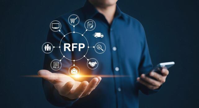 Request for proposal process with businessman, strategy to optimize selection of best vendor and procurement photo