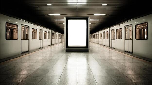 Subway Station Platform with Blank Advertisement Billboard Mockup, Featuring Train Cars on Either Side photo