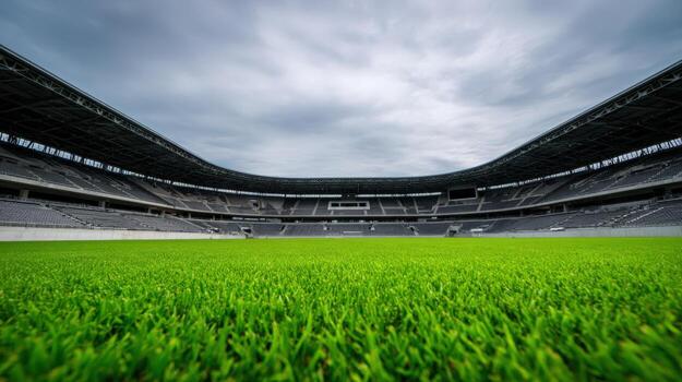 Wide Angle View of a Sports Stadium with Green Field and Cloudy Sky photo