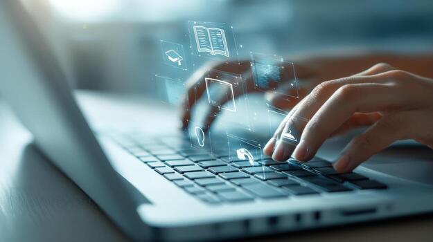 Digital learning concept demonstrating hands typing on a laptop keyboard with education icons overlay photo