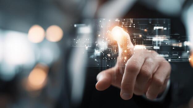 Man Touching Futuristic Digital Interface Data Visualization, Artificial Intelligence, and Advanced Technology Concept photo