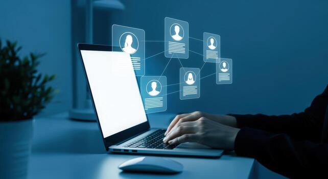 Human resources professional using laptop to review candidate profiles and manage employee network in digital space photo