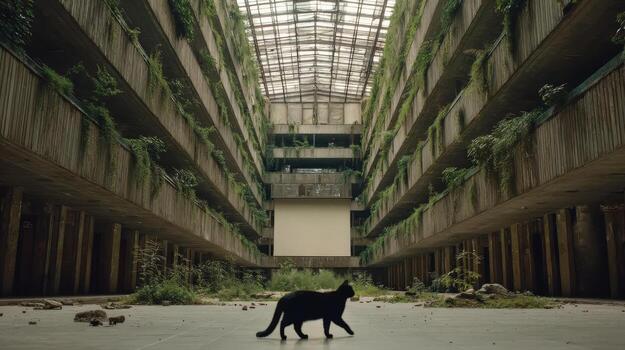 Abandoned Atrium Hotel with Overgrowth and Cat, Depicting Post-Apocalyptic Theme and Natures Reclamation photo