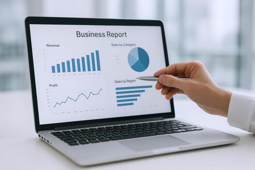 Analyzing Business Report on Laptop Screen with Hand Holding Pen, Financial Data Visualization photo