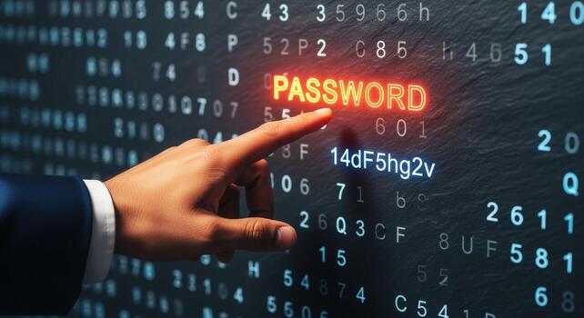 Digital Security Concept Hand Pointing to a Glowing Password on Data Stream Background photo