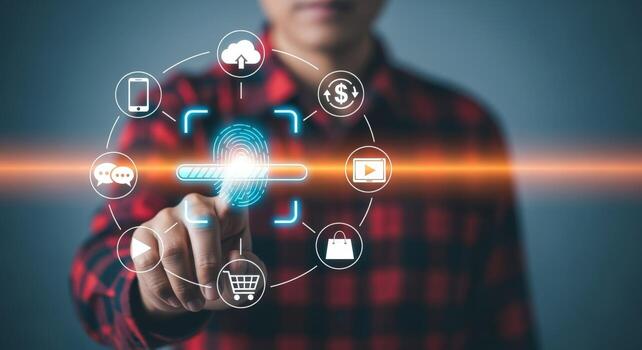 Person Using Fingerprint Scan for Secure Online Access and Digital Transaction Verification Technology photo