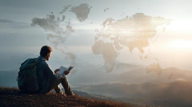 Contemplative Hiker Planning Journey with Global Map Overlay at Sunset, Embracing Adventure and Exploration photo