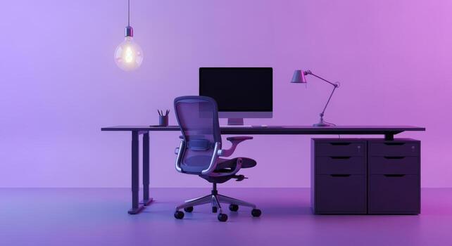 Modern Office Setup with Ergonomic Chair, Computer, and Ambient Lighting for Product Mockups photo