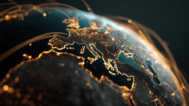 Global Connectivity Illustration Featuring Europe Digital Network, Communication, Technology Concept with Glowing Connections photo