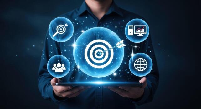 digital márketing estrategia desplegado en tableta retenida por profesional para negocio soluciones y objetivo logro foto