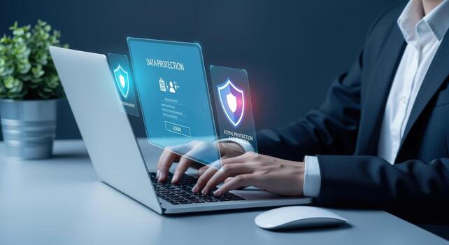 Cybersecurity Professional Working on Laptop with Data Protection Shield Interface for Secure Business Operations photo