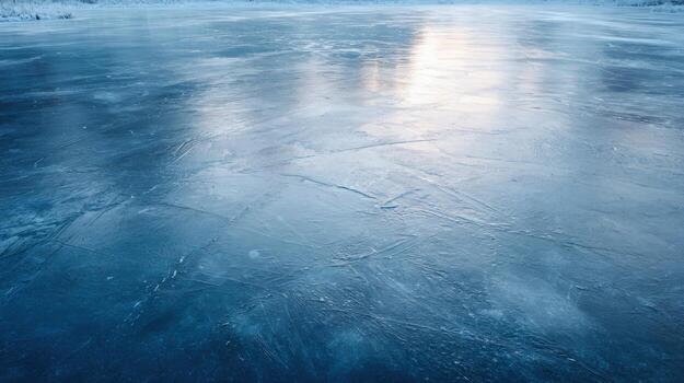Frozen Lake Surface with Cracks Reflecting Sky, Ideal for Winter Backgrounds and Textures photo