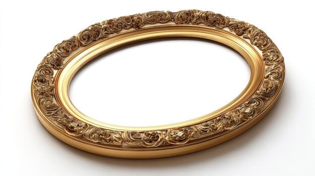 Empty decorative gold oval frame with intricate detail on a white background, ideal for artworks and photographs photo