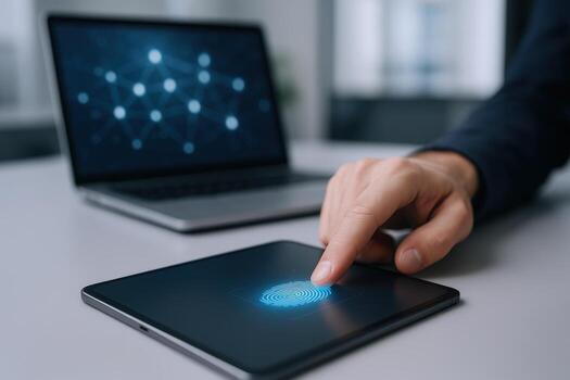 Fingerprint Scanning on Tablet for Secure Access with Laptop Background in Modern Office photo