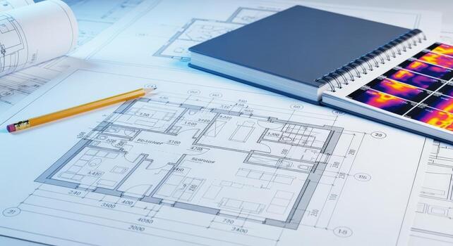 Architectural Blueprint Design with Floor Plan, Thermal Images, Pencil and Notepad for Building and Construction Projects photo