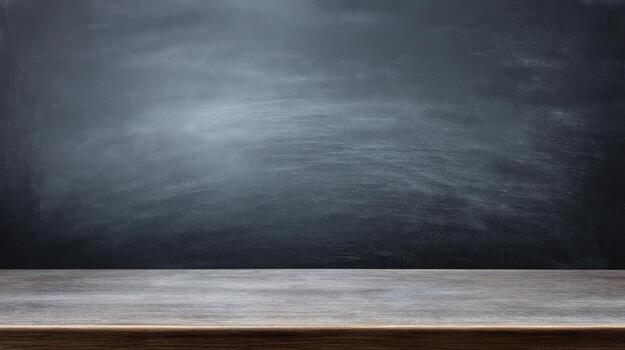 Rustic Wooden Table Against a Dark Chalkboard Wall, Ideal for Product Mockups and Presentations photo