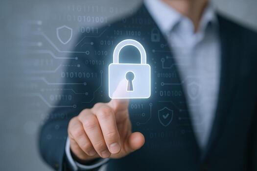 Digital Security Concept Man Interacting with Padlock Icon on Screen, Cyber Protection and Secure Access photo