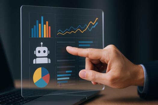 Interactive Data Visualization Businessman Interacting with Modern Interface Displaying Business Analytics and AI-Powered Insights photo