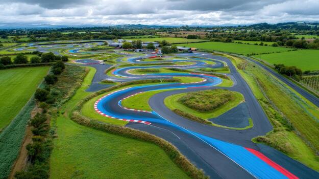 Aerial View of a Go-Kart Race Track on a Cloudy Day Surrounded by Green Fields and Trees photo