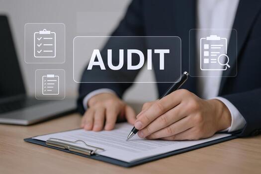 Business Audit Review Businessman Analyzing Documents with Checklist Icons for Financial Compliance and Risk Assessment photo