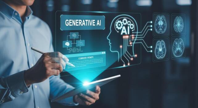 Man Interacting with Interface on Tablet Demonstrating Future Technology Solutions and Brain Scans photo